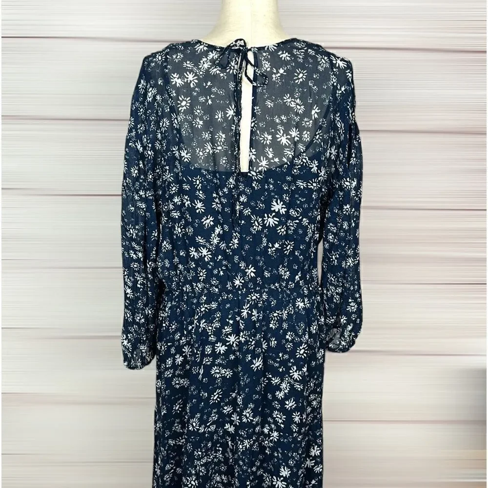 Free People Wallflower Midi Chiffon Dress Navy/White Flared Semi Sheer size S